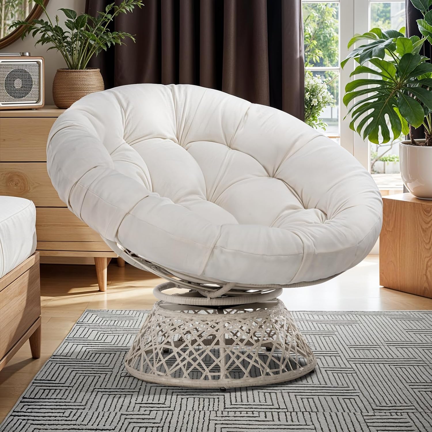 Papasan Chair with Thick Cushion & Swivel Base | Oversized Wicker Lounge Accent Chair for Living Room, Bedroom & Reading Nook