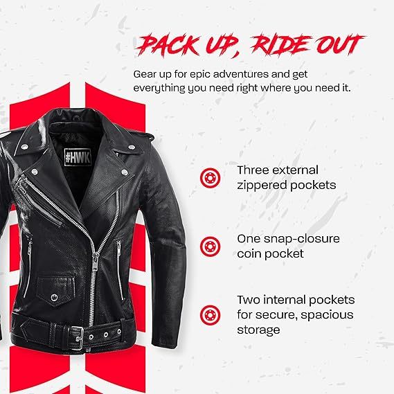 HWK Brando Women's Genuine Leather Motorcycle Jacket, Black - Closeout Connect
