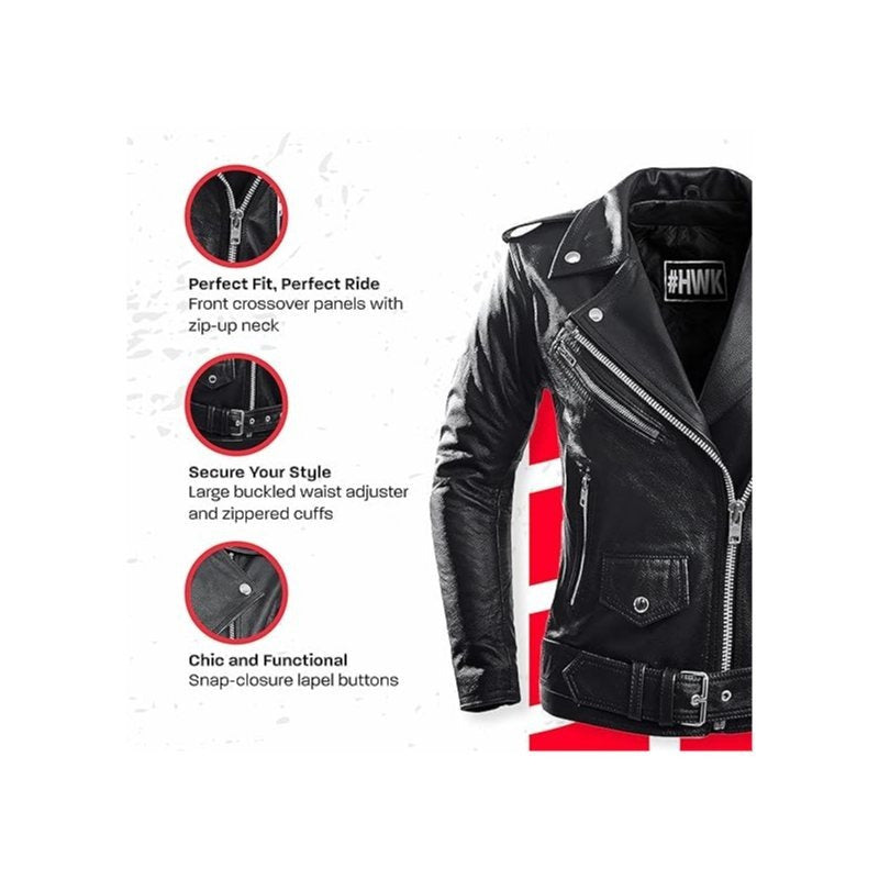 HWK Brando Women's Genuine Leather Motorcycle Jacket, Black