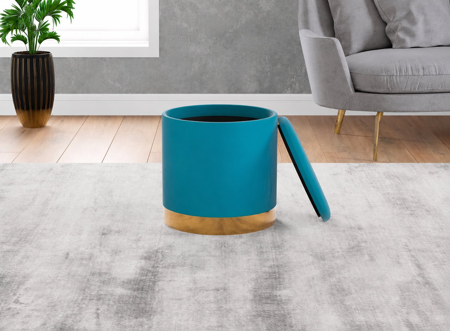 Round Velvet Storage Ottoman Stool with Gold Metal Base – Teal Blue - Closeoutconnect