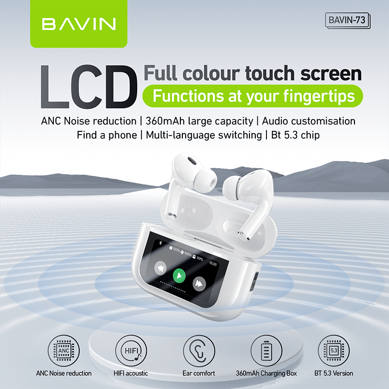 BAVIN HB-BA-73 ANC Wireless Bluetooth 5.3 Earbuds with Touch Display - Closeout Connect