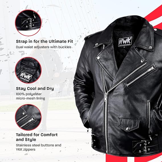 HWK Brando Men's Genuine Leather Motorcycle Jacket – Black Small