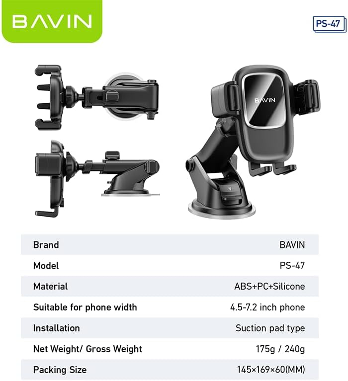 BAVIN PS47 Universal Car Phone Mount with Metal Suction Cup Base