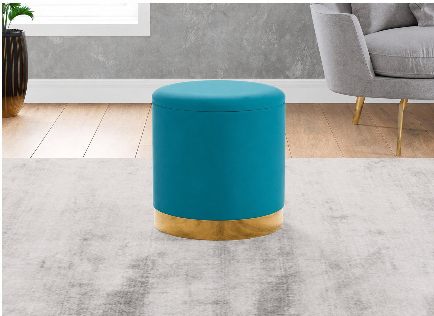 Round Velvet Storage Ottoman Stool with Gold Metal Base – Teal Blue - Closeoutconnect