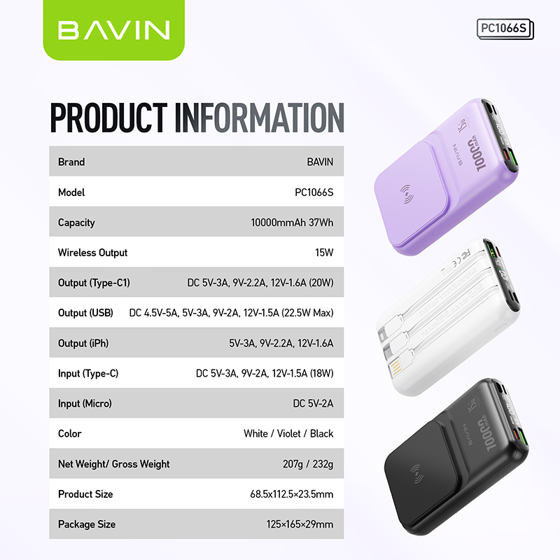 BAVIN PC1066 10000mAh Magnetic Wireless Power Bank with Built-In Cable