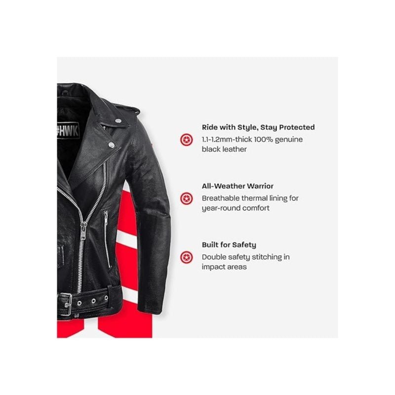 HWK Brando Women's Genuine Leather Motorcycle Jacket, Black - Closeout Connect