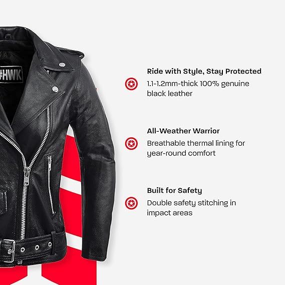 HWK Brando Women's Genuine Leather Motorcycle Jacket, Black