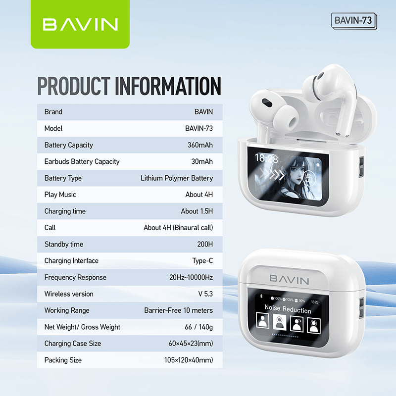 BAVIN HB-BA-73 ANC Wireless Bluetooth 5.3 Earbuds with Touch Display - Closeout Connect