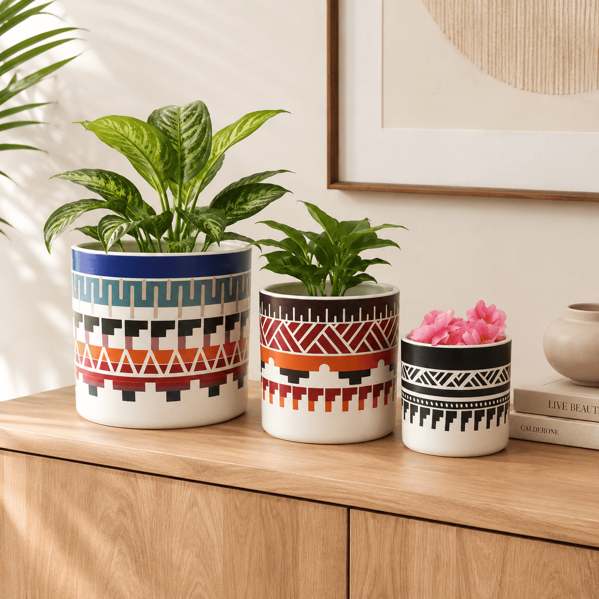 3 Piece Nesting Ceramic Cylindrical Pots Set, Assorted Patterns, COF322S - Closeoutconnect