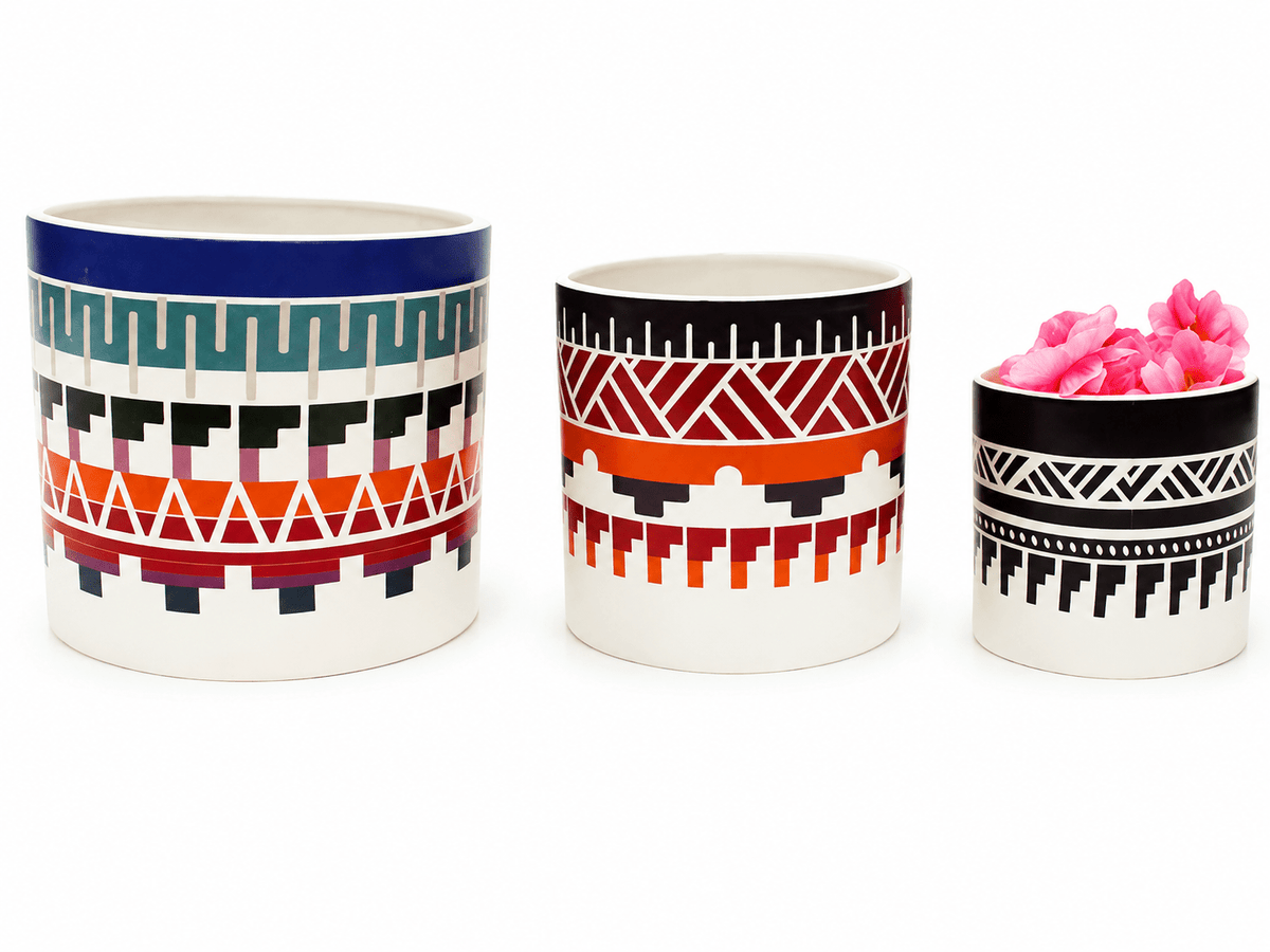 3 Piece Nesting Ceramic Cylindrical Pots Set, Assorted Patterns, COF322S - Closeoutconnect