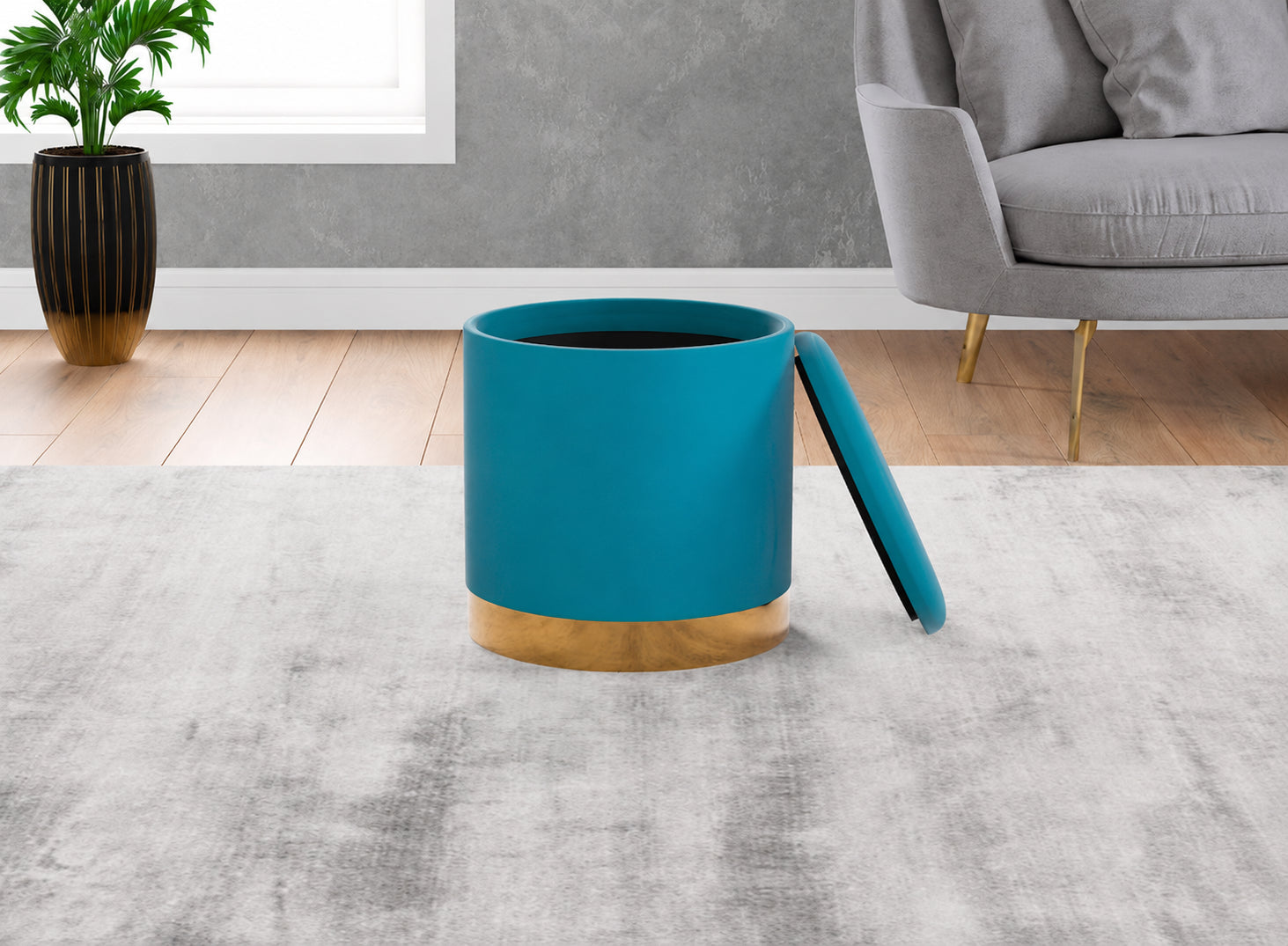 Round Velvet Storage Ottoman Stool with Gold Metal Base – Teal Blue