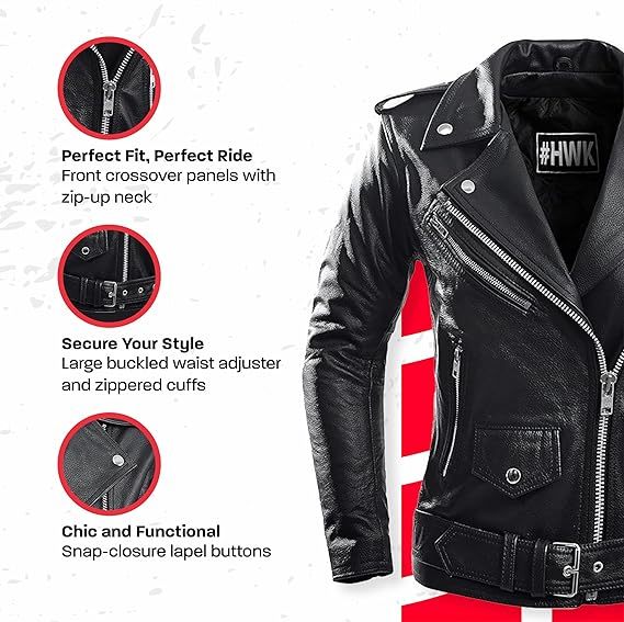 HWK Brando Women's Genuine Leather Motorcycle Jacket, Black