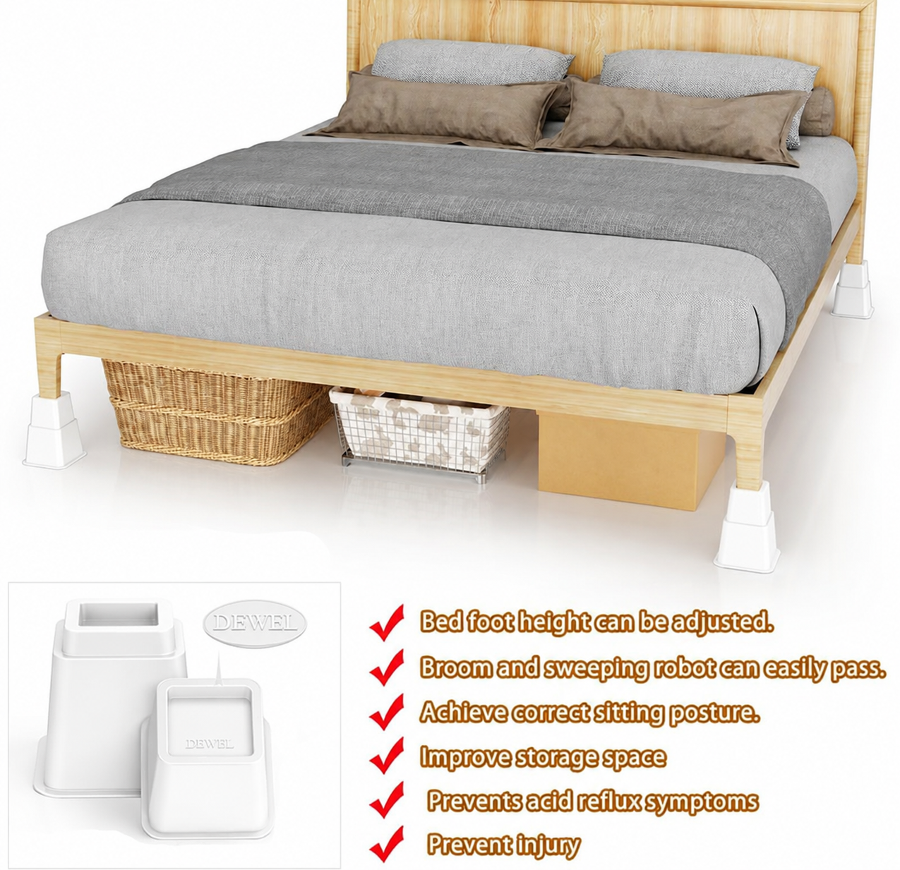 Adjustable Bed & Furniture Risers Set of 4, Stackable Heavy Duty