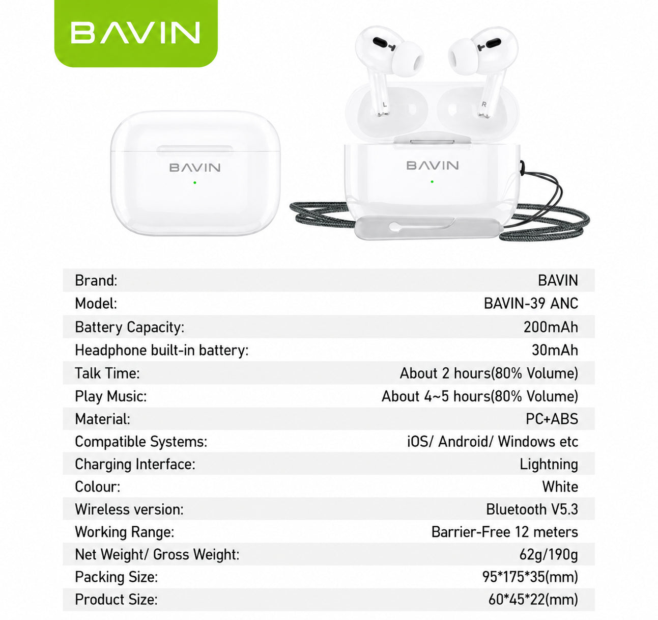 BAVIN-39 ANC True Wireless Bluetooth 5.3 Earbuds, White