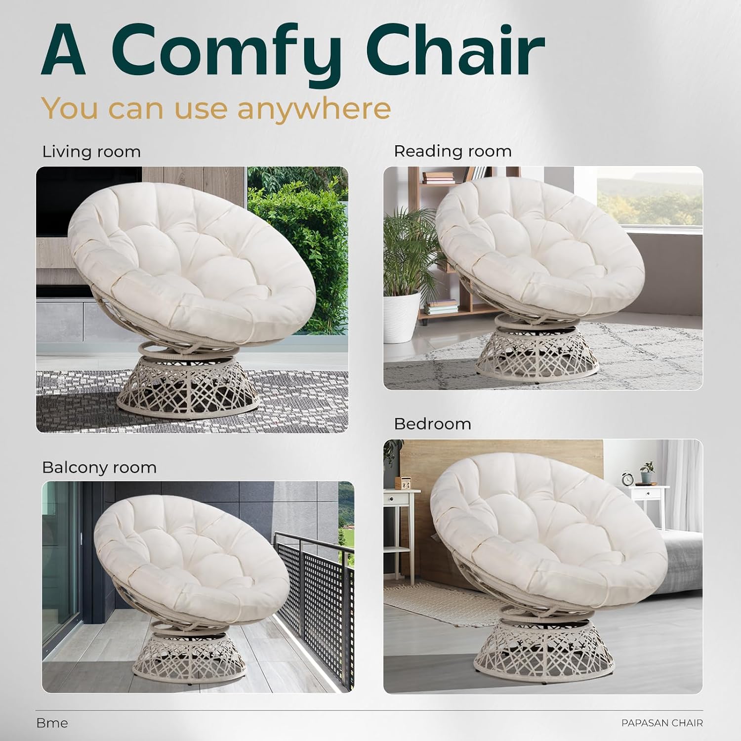 Papasan Chair with Thick Cushion & Swivel Base | Oversized Wicker Lounge Accent Chair for Living Room, Bedroom & Reading Nook