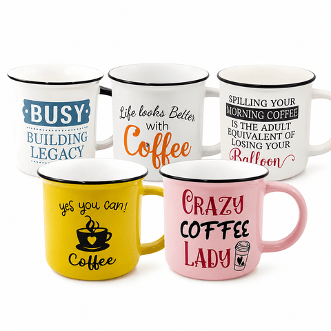 Set of 5 Assorted 14 Oz Ceramic Printed Coffee Mugs – Funny Designs - Closeoutconnect