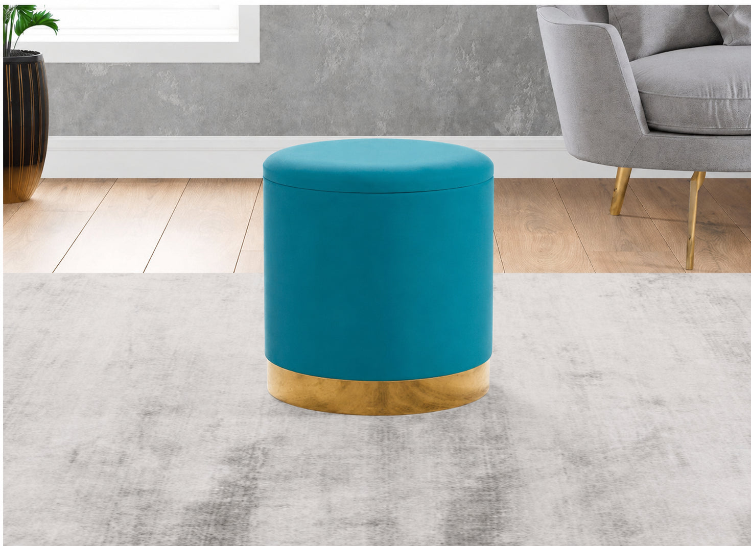 Round Velvet Storage Ottoman Stool with Gold Metal Base – Teal Blue