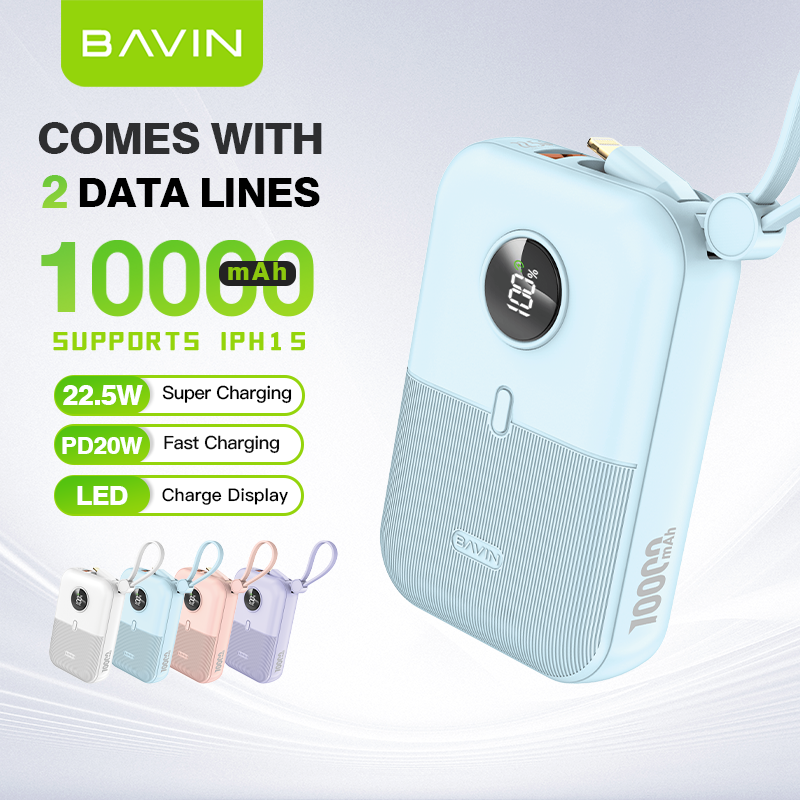 BAVIN PC1089 10000mAh Mini Power Bank with Built-In Cable, Blue