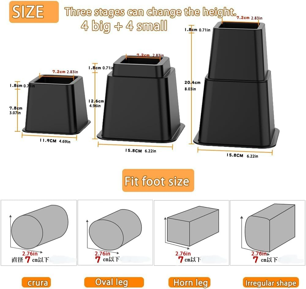 Adjustable Bed & Furniture Risers Set of 4, Stackable Heavy Duty