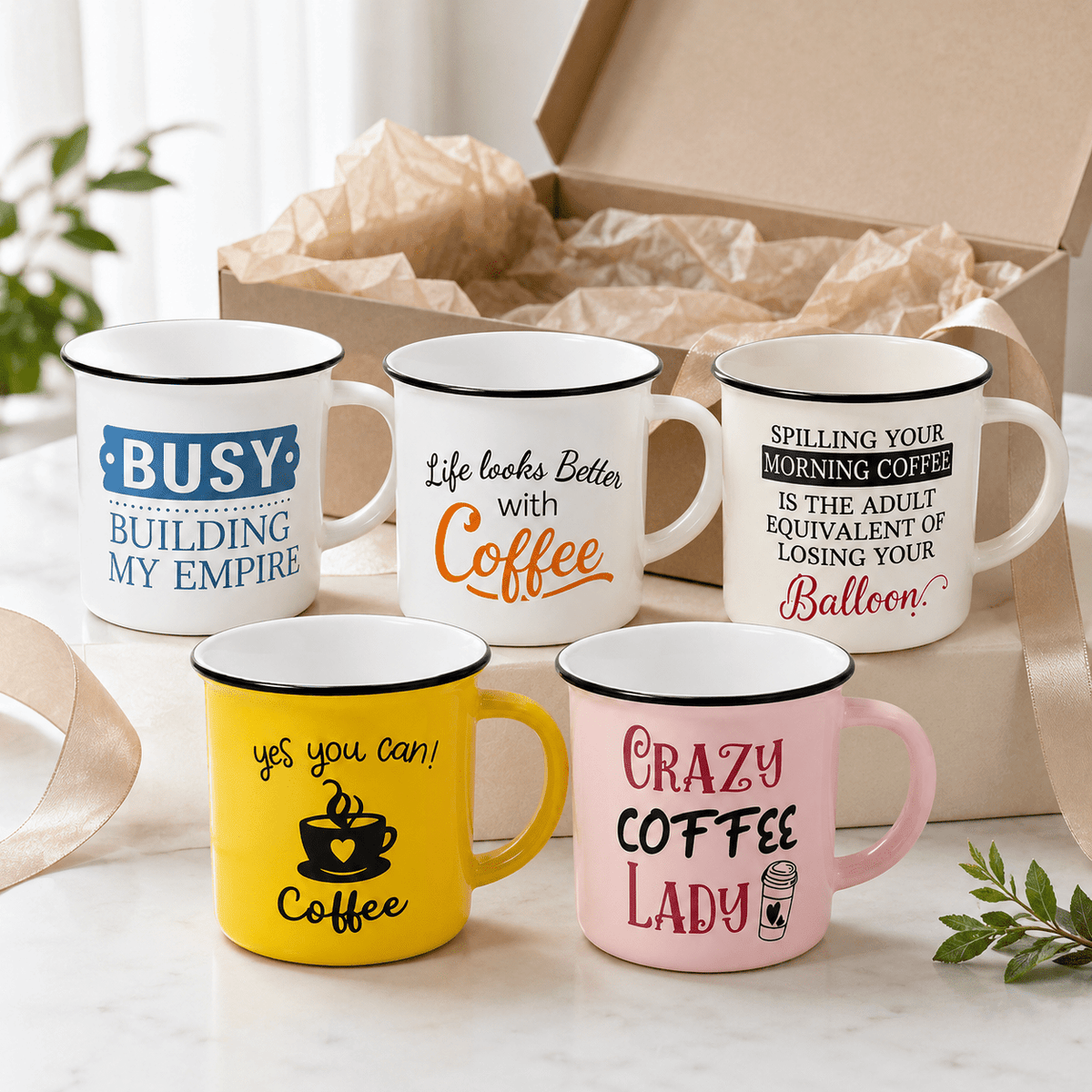 Set of 5 Assorted 14 Oz Ceramic Printed Coffee Mugs – Funny Designs - Closeoutconnect