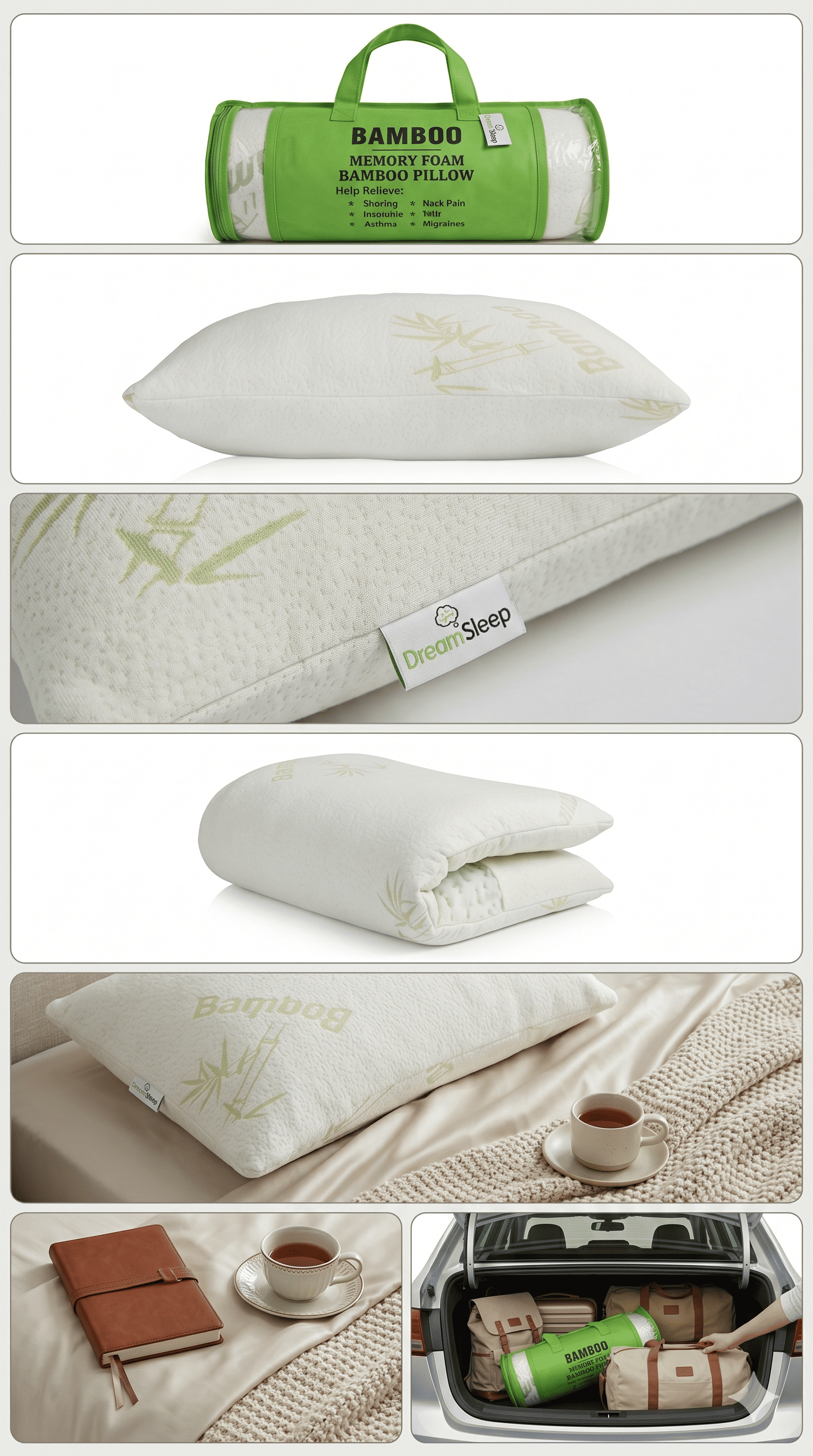 Queen Shredded Memory Foam Bamboo Pillow – Hypoallergenic Support