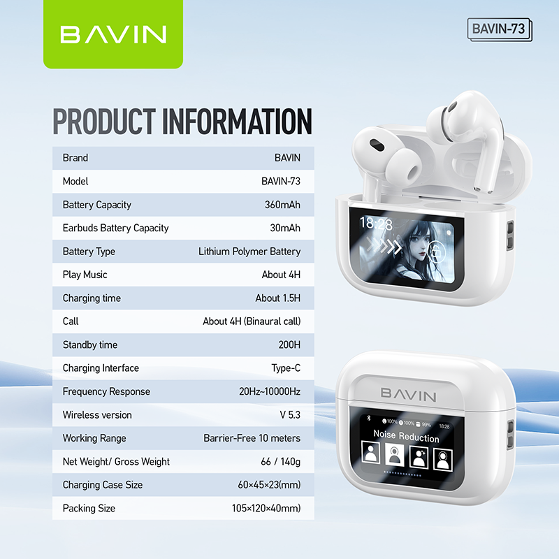 BAVIN HB-BA-73 ANC Wireless Bluetooth 5.3 Earbuds with Touch Display