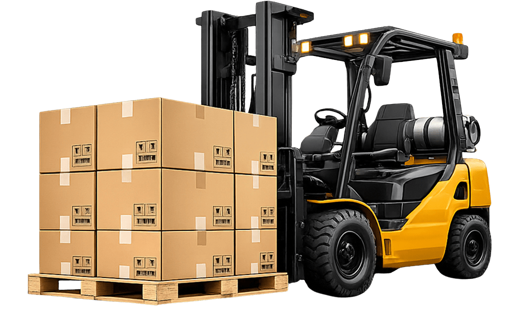 Forklift carrying palletized inventory